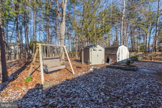a view of backyard with a deck and a large tree