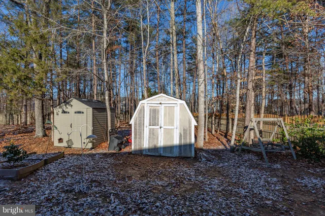 a view of a backyard with large trees