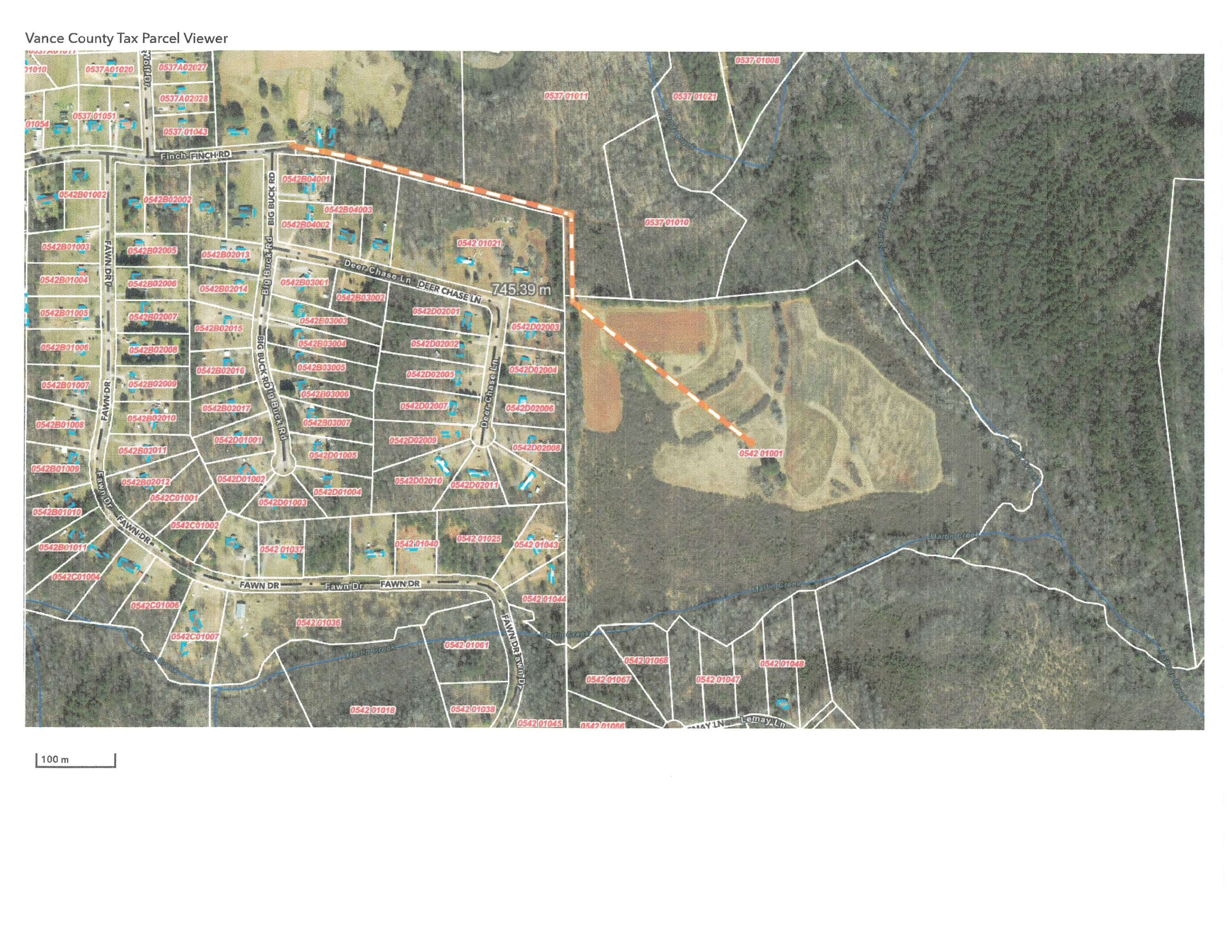 53.2-acs Finch Road Henderson, NC 27537 - Photo 2 of 6 Aerial View with location of proposed 50' road