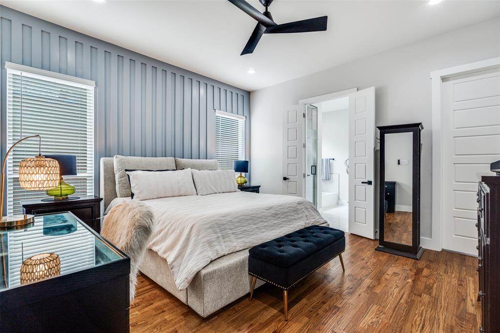 518 Crete Street Dallas, TX 75203 - Photo 11 of 27 Primary bedroom with solid wood floors, recessed lighting, ceiling fan, and ensuite bath