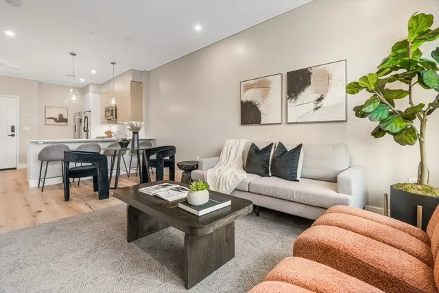 a living room with furniture kitchen view and a potted plant