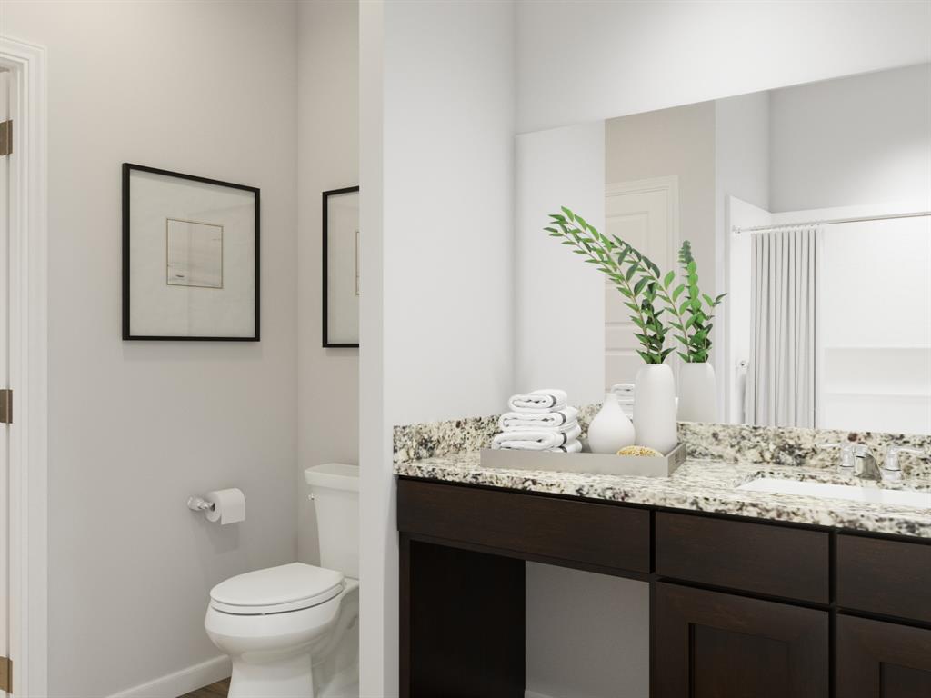 1009 Wind Drift Way Fort Worth, TX 76131 - Photo 28 of 40 a bathroom with a granite countertop sink and a toilet