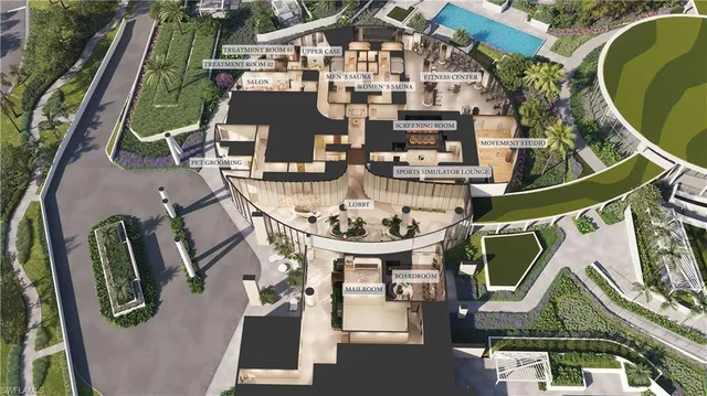 an aerial view of a house with swimming pool and outdoor seating