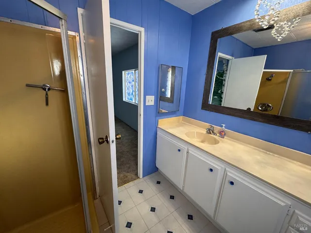 a bathroom with a sink a mirror and a shower