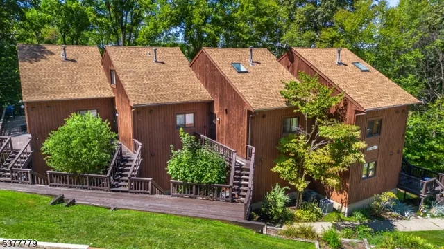 aerial view of a house with a yard and potted plants