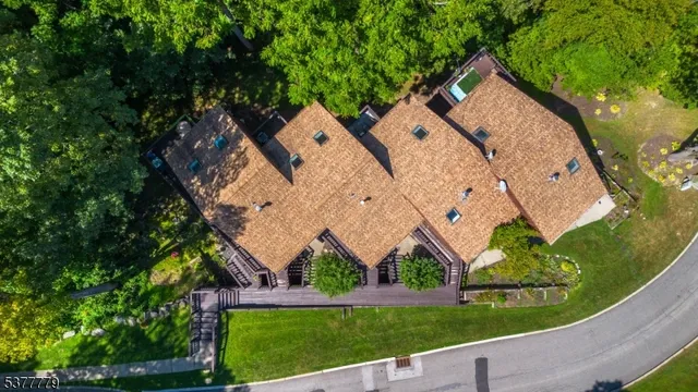 an aerial view of a house with a yard and potted plants