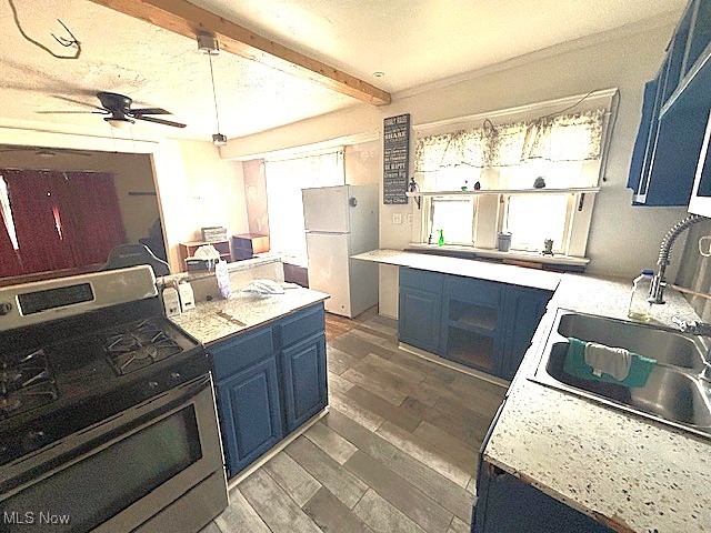 805 Rudyard Road Cleveland, OH 44110 - Photo 5 of 45 Kitchen with blue cabinetry, freestanding refrigerator, stainless steel gas range, wood finished floors, and light countertops