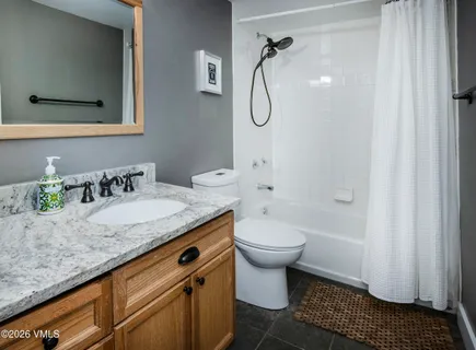 a bathroom with a granite countertop sink toilet and shower