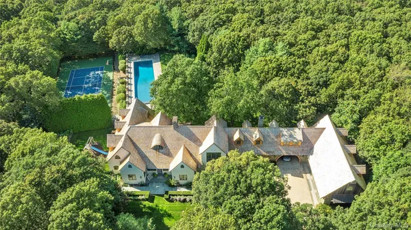 an aerial view of a house with outdoor space and trees all around