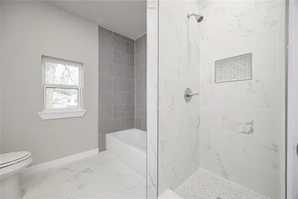 a bathroom with a shower and toilet