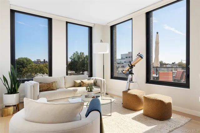a living room with furniture and a potted plant