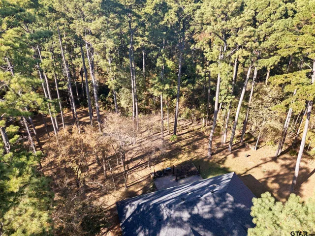 an aerial view of a house with garden space and street view