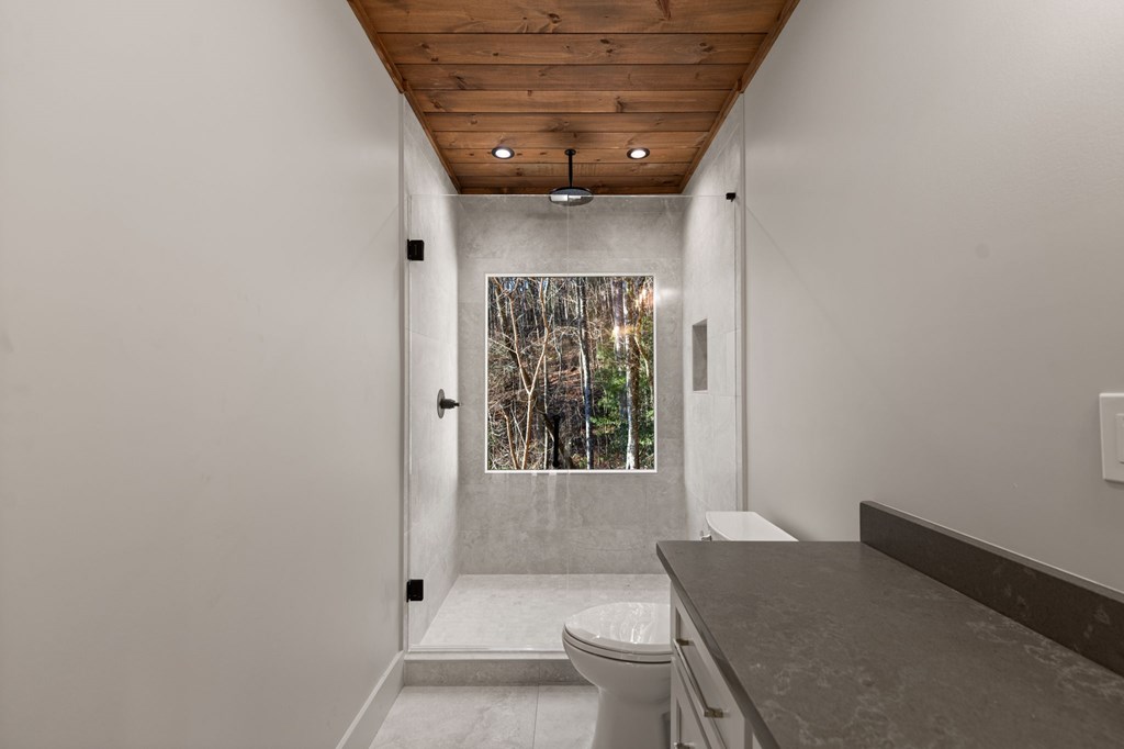 770 Fish Hook Point Blue Ridge, GA 30513 - Photo 67 of 96 2nd Lower Level Full Bathroom, Full Bathroom featuring Stained Ceilings + Frameless Shower Door + Private Wooded Views