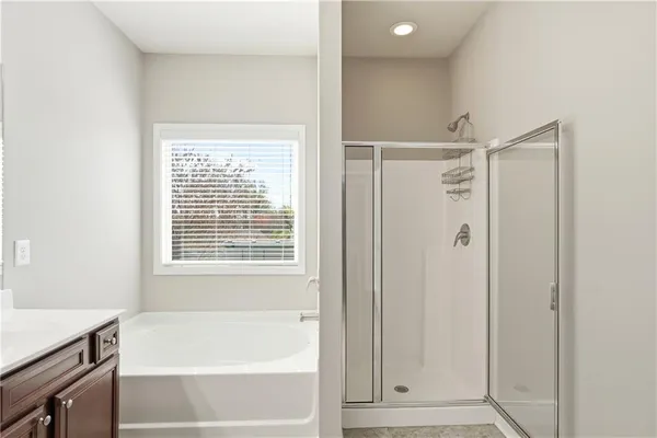 a bathroom with a bathtub and a shower