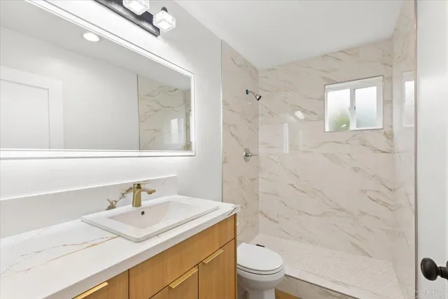 a bathroom with a sink toilet a mirror and shower