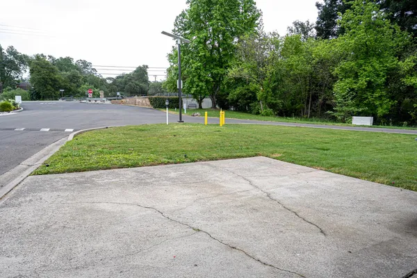 a view of a park with trees in the background