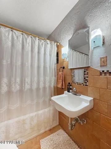 a bathroom with a sink a mirror and a shower