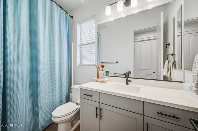 a bathroom with a sink a toilet a mirror and shower curtain
