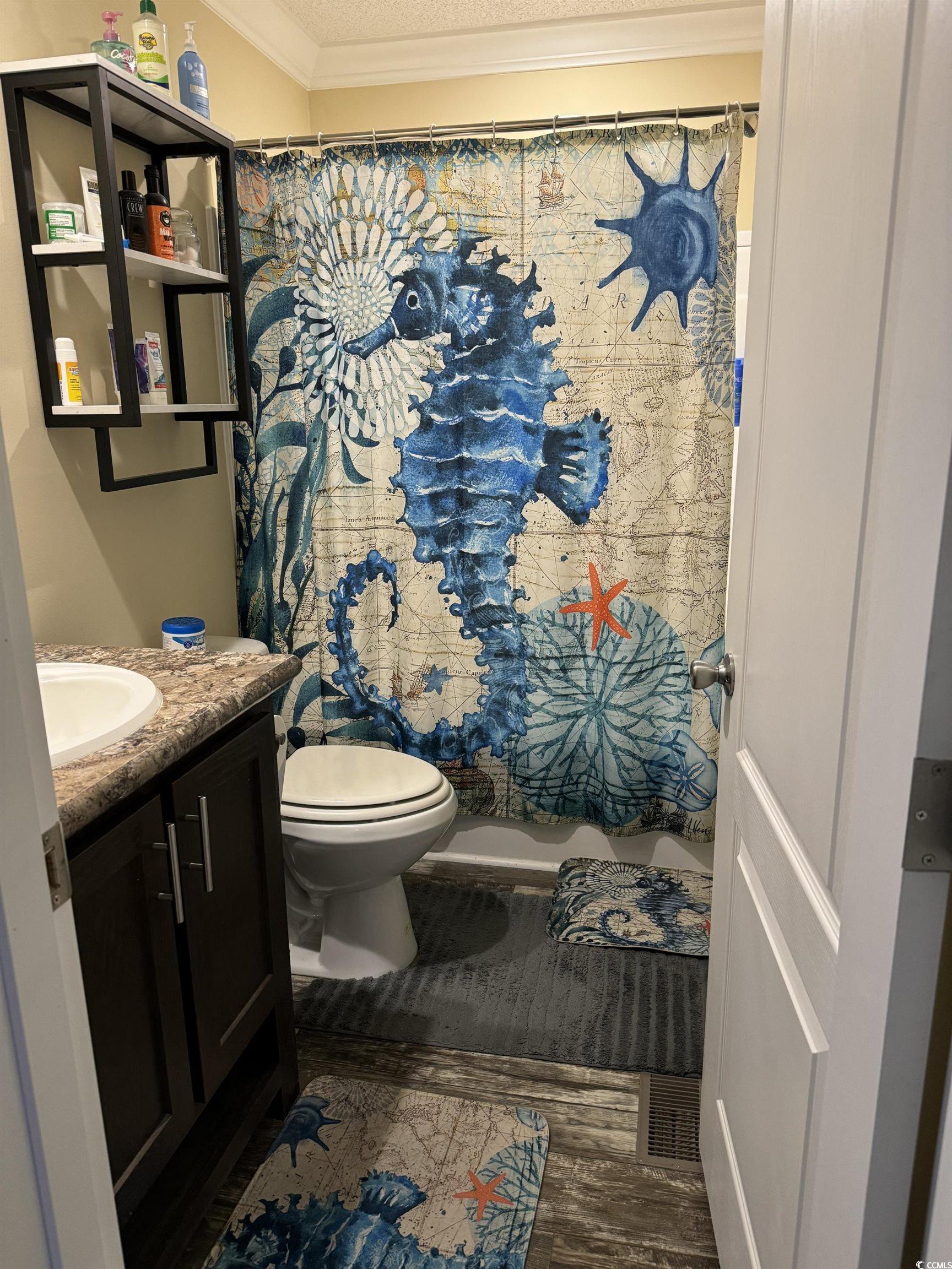 1651 Perry Circle Myrtle Beach, SC 29577 - Photo 27 of 32 Bathroom with ornamental molding, vanity, a textured ceiling, curtained shower, and dark wood-type flooring