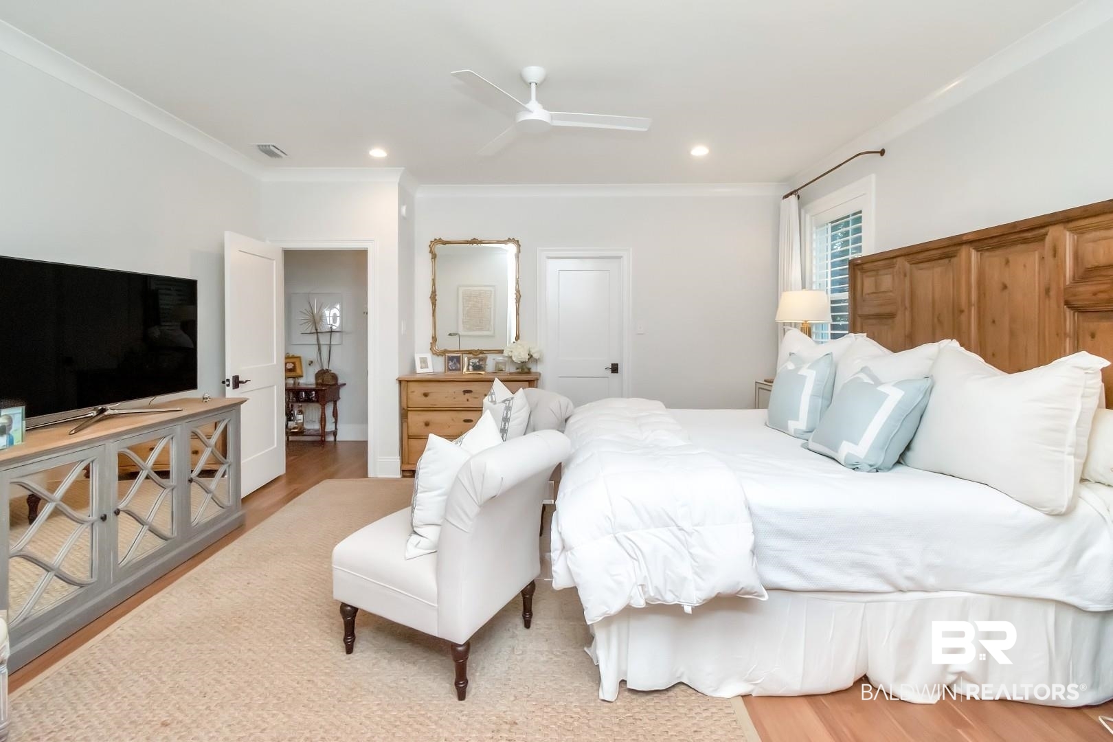 4404 Stein Street Mobile, AL 36608 - Photo 25 of 50 Bedroom with crown molding, wood finished floors, ceiling fan, and recessed lighting