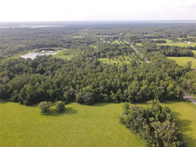 an aerial view of residential houses with outdoor space and trees