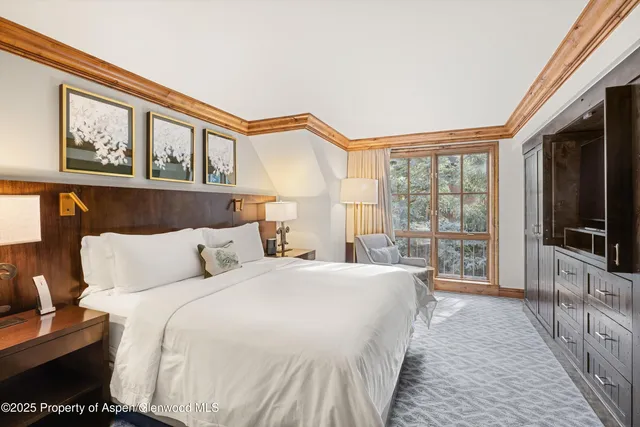 a bedroom with a balcony a bed and a flat screen tv