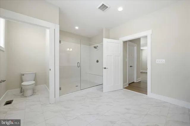 a bathroom with a shower and a toilet