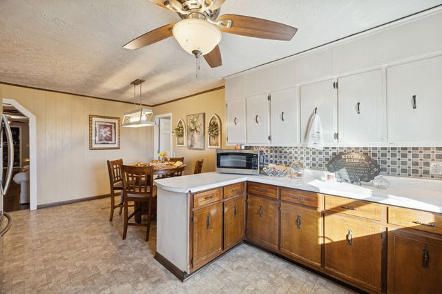 a kitchen with a sink a counter space appliances and cabinets