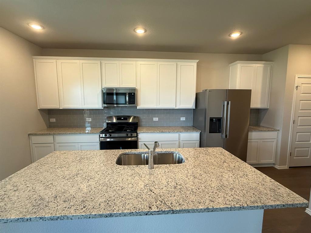 12212 Dillon Fls Drive Austin, TX 78747 - Photo 12 of 40 Kitchen with white cabinets, appliances with stainless steel finishes, light stone counters, and recessed lighting