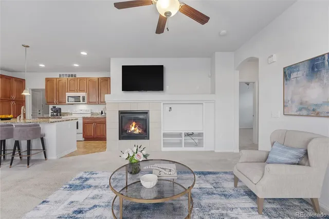 a living room with furniture a fireplace and a flat screen tv