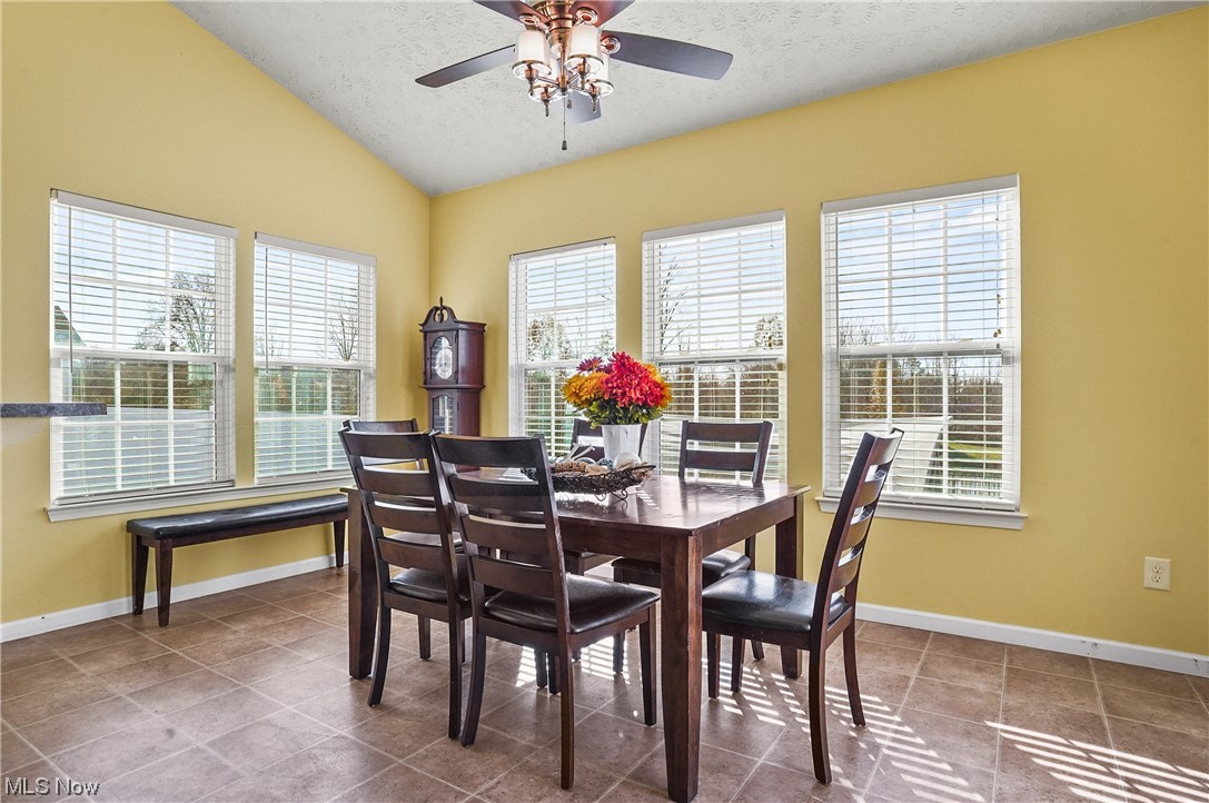 4169 Whitestone Road Kent, OH 44240 - Photo 17 of 33 Dining room featuring lofted ceiling, ceiling fan, a textured ceiling, and tile floors