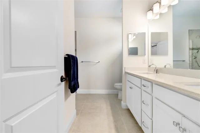 a bathroom with a double vanity sink mirror and toilet