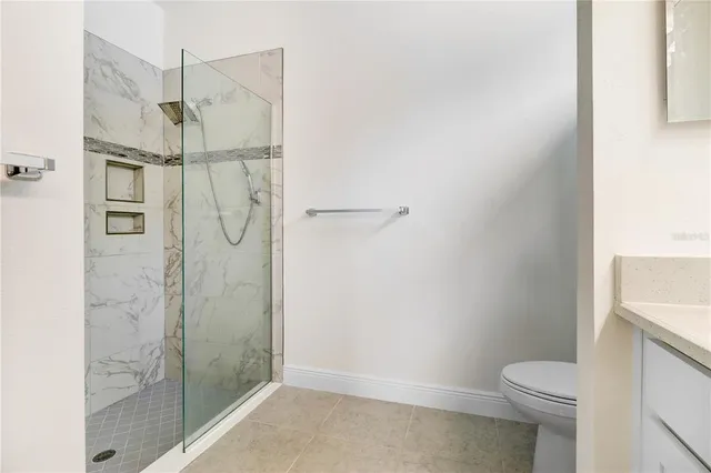 a bathroom with a shower and toilet