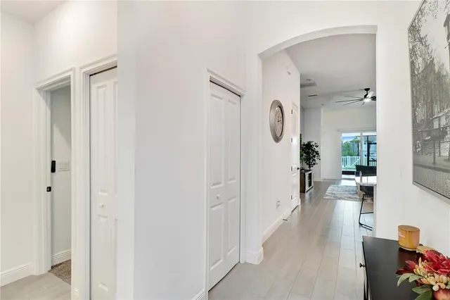 a hallway with wooden floor