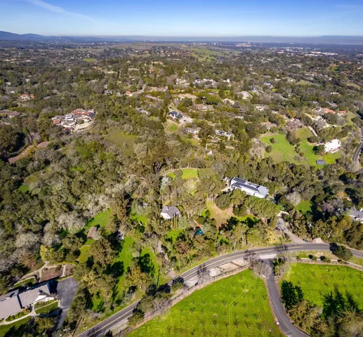 an aerial view of residential houses with outdoor space and trees