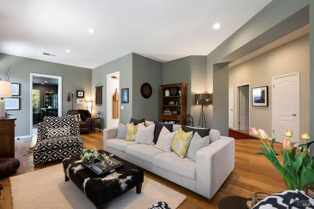 a living room with furniture potted plant and a window