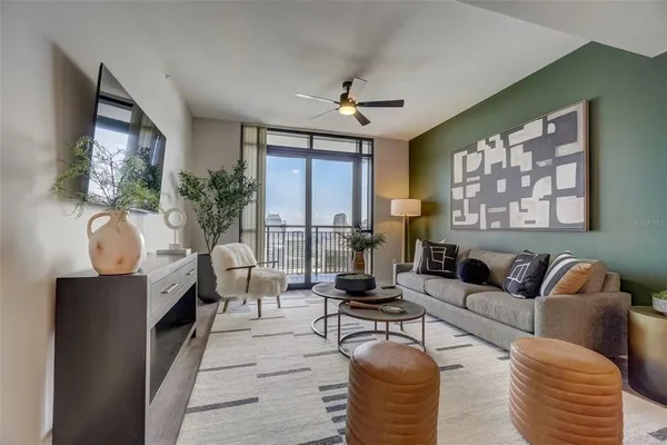 a living room with furniture potted plant and a flat screen tv
