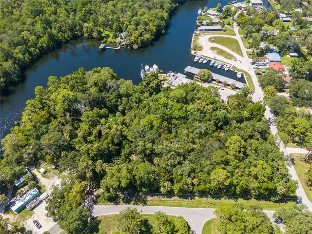 an aerial view of residential house with outdoor space and trees all around