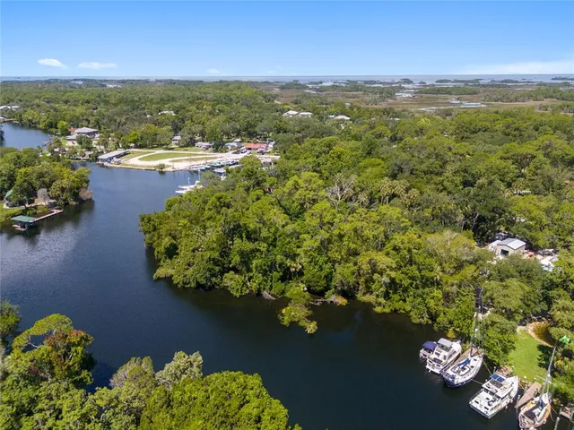 a view of a lake with houses in the back