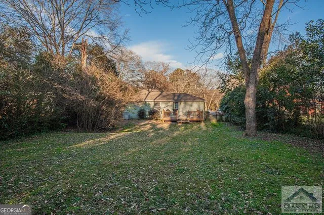 a view of a field with large trees