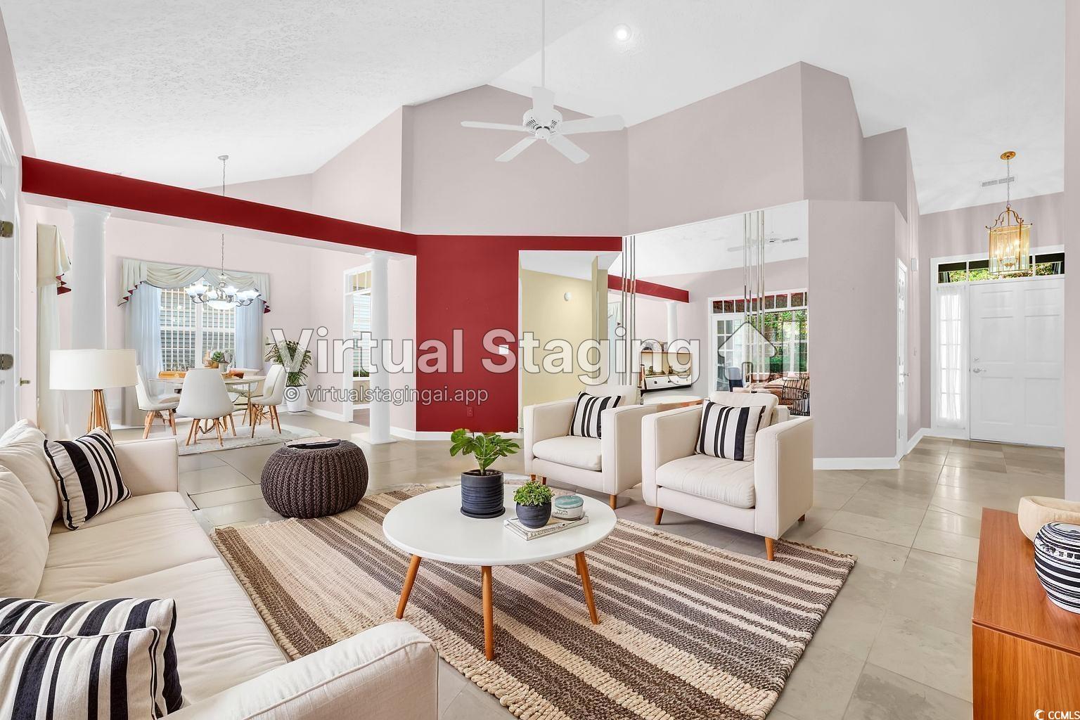 9350 Pinckney Lane Murrells Inlet, SC 29576 - Photo 25 of 40 Living room with a chandelier, high vaulted ceiling, light tile patterned flooring, a textured ceiling, and a ceiling fan