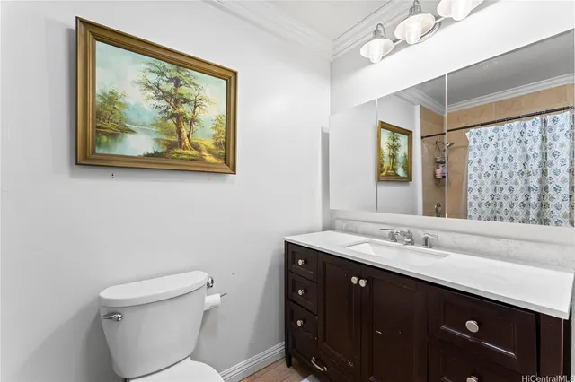 a bathroom with a sink vanity and toilet