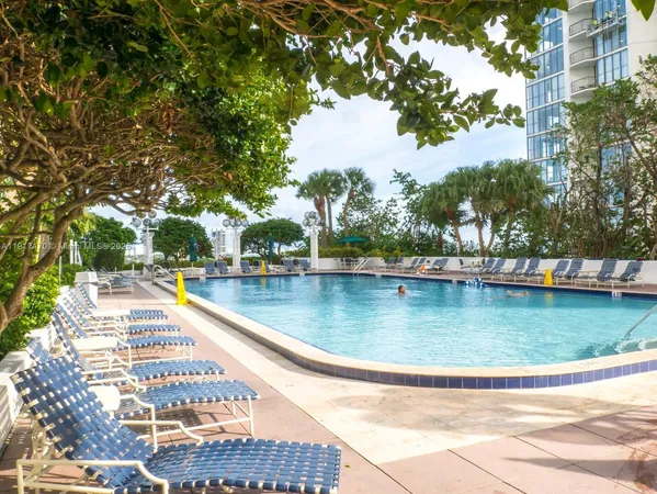 a view of a swimming pool with a lake view