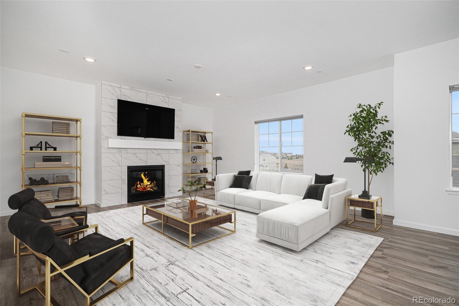 18235 Caffey Drive Parker, CO 80134 - Photo 5 of 38 a living room with furniture a flat screen tv and a fireplace