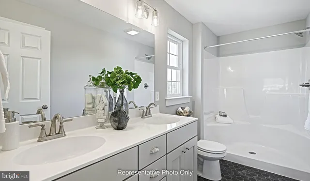 a bathroom with a double vanity sink toilet and shower