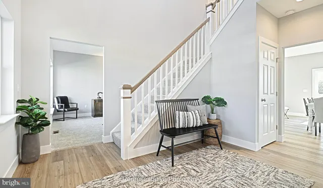 a view of staircase with furniture and a potted plant