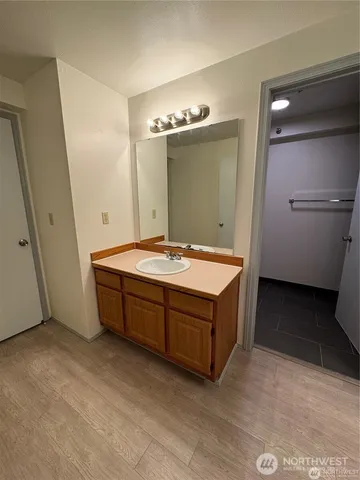 a bathroom with a sink and a mirror