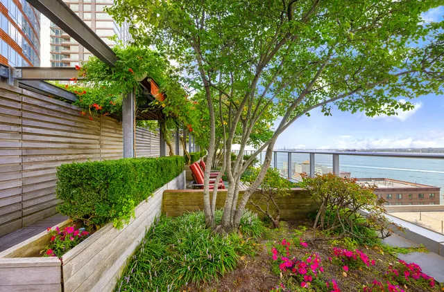 a view of a backyard with sitting area
