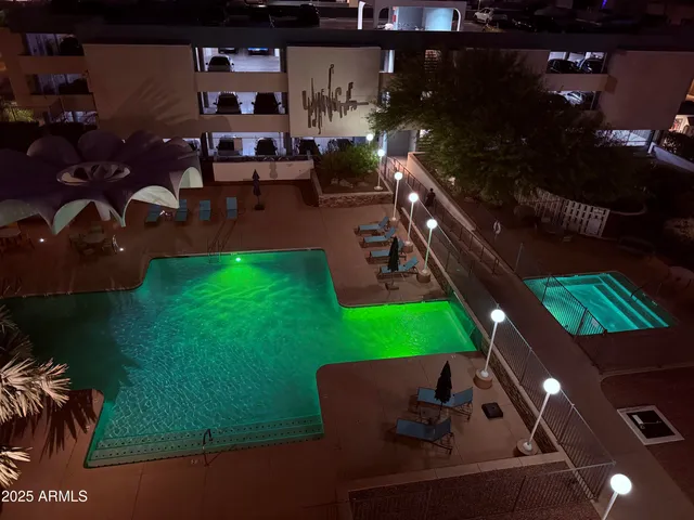 an outdoor space with seating