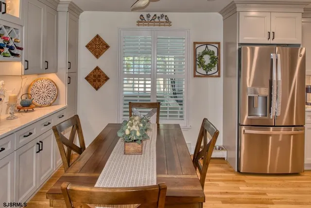 a kitchen with stainless steel appliances a refrigerator and cabinets